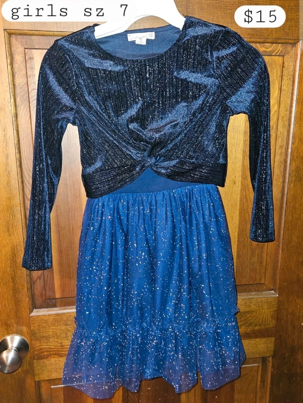 Blue Sparkle Girls Dress with Metallic Knit Bolero - Size 7
